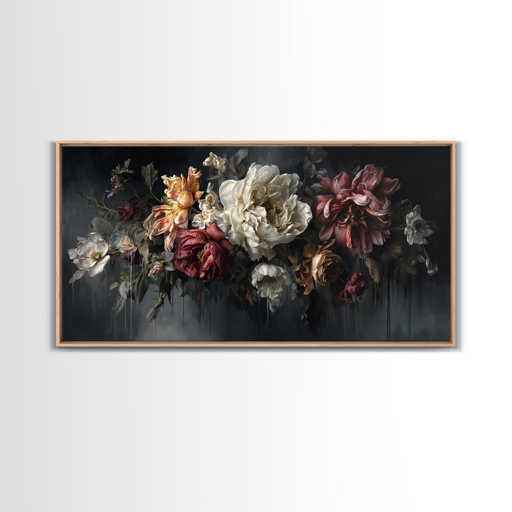 Dark Floral Bouquet Canvas Print, Dark Art, Oil Painting, Living Room Decor, Nocturne, Gothic Wall Decor, Man Cave Decor, DAR-2x1-61