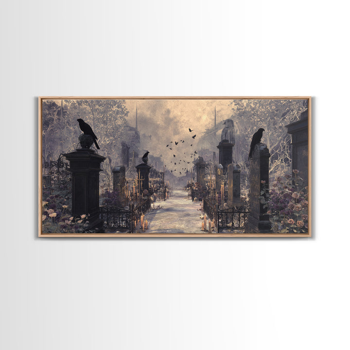 Silent Graveyard with Blue Moon Haze Canvas Print, Dark Art, Wall Art, Living Room Decor, Oil Painting, Nocturne, Original Art, DAR-2x1-62