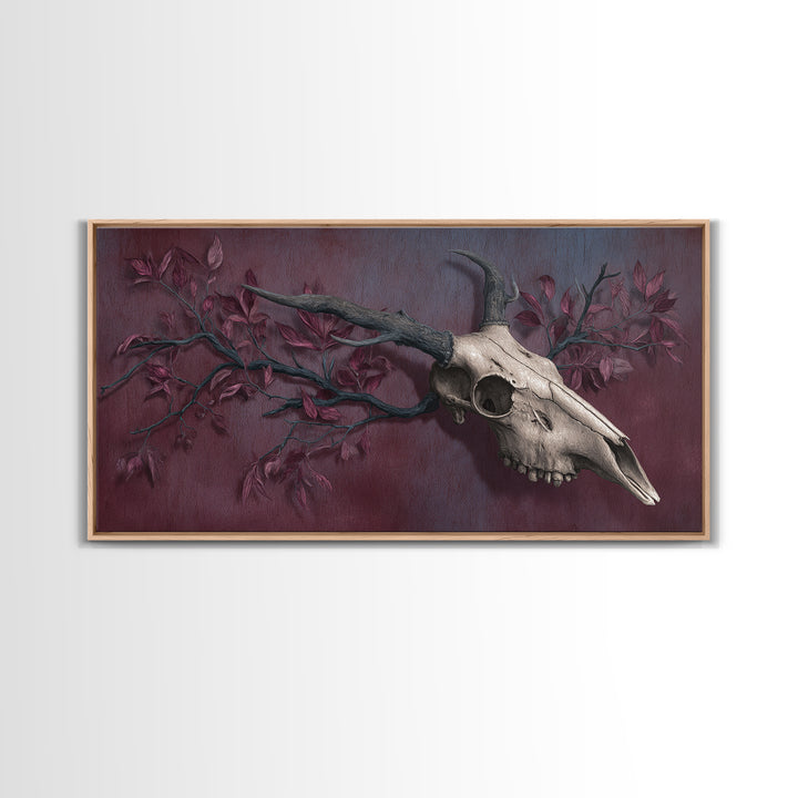 Shadowy Deer Skull Framed Canvas Print, Dark Art, Painting, Living Room Decor, Watercolor Art, Nocturne, Gothic Wall Art, DAR-2x1-7