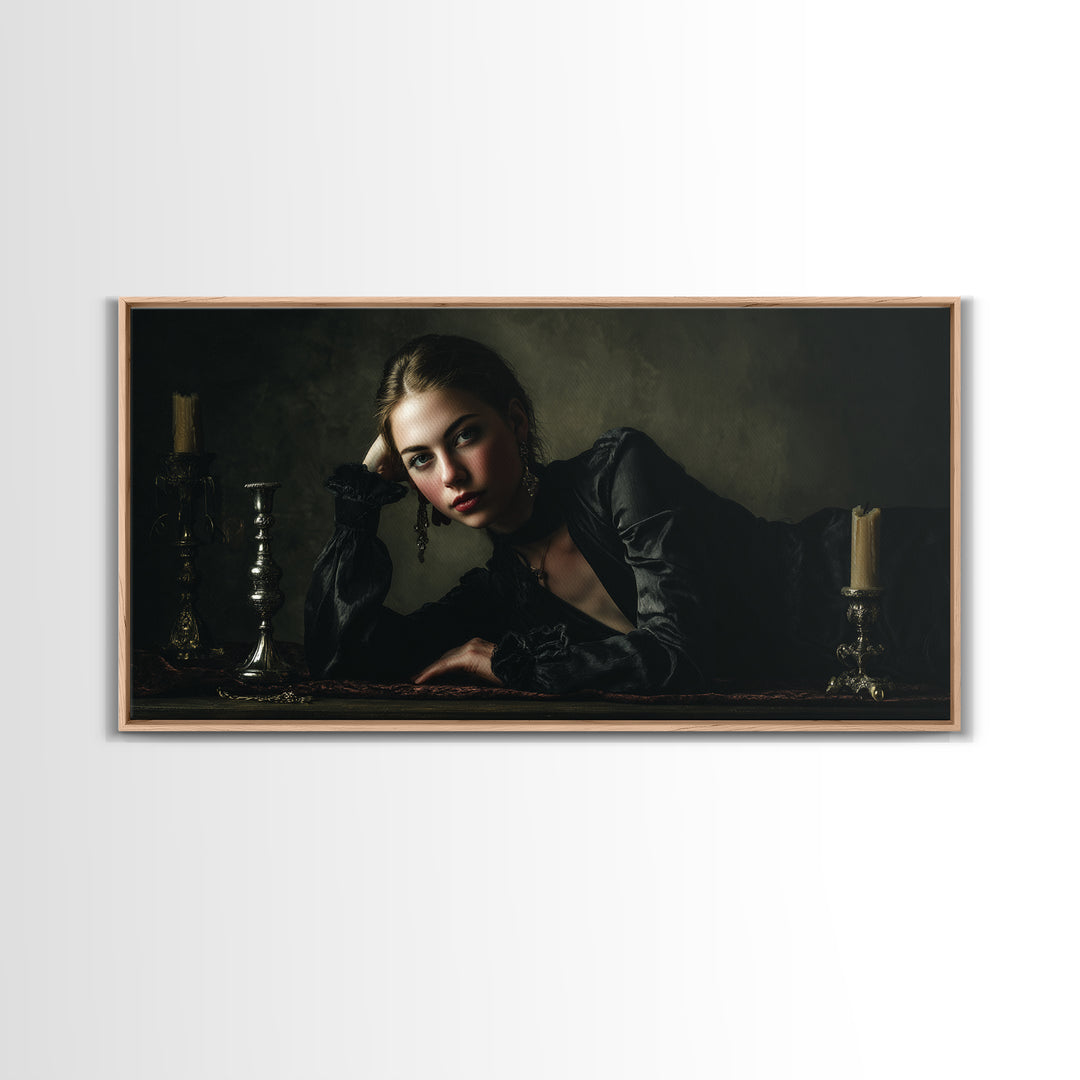 Vampire Inspired Portrait with Pale Dramatic Light Framed Canvas Print, Dark Art, Goth Decor, Living Room Decor, Nocturne, DAR-2x1-81