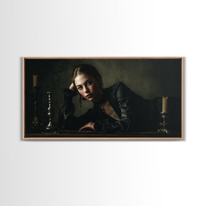 Vampire Inspired Portrait with Pale Dramatic Light Framed Canvas Print, Dark Art, Goth Decor, Living Room Decor, Nocturne, DAR-2x1-81
