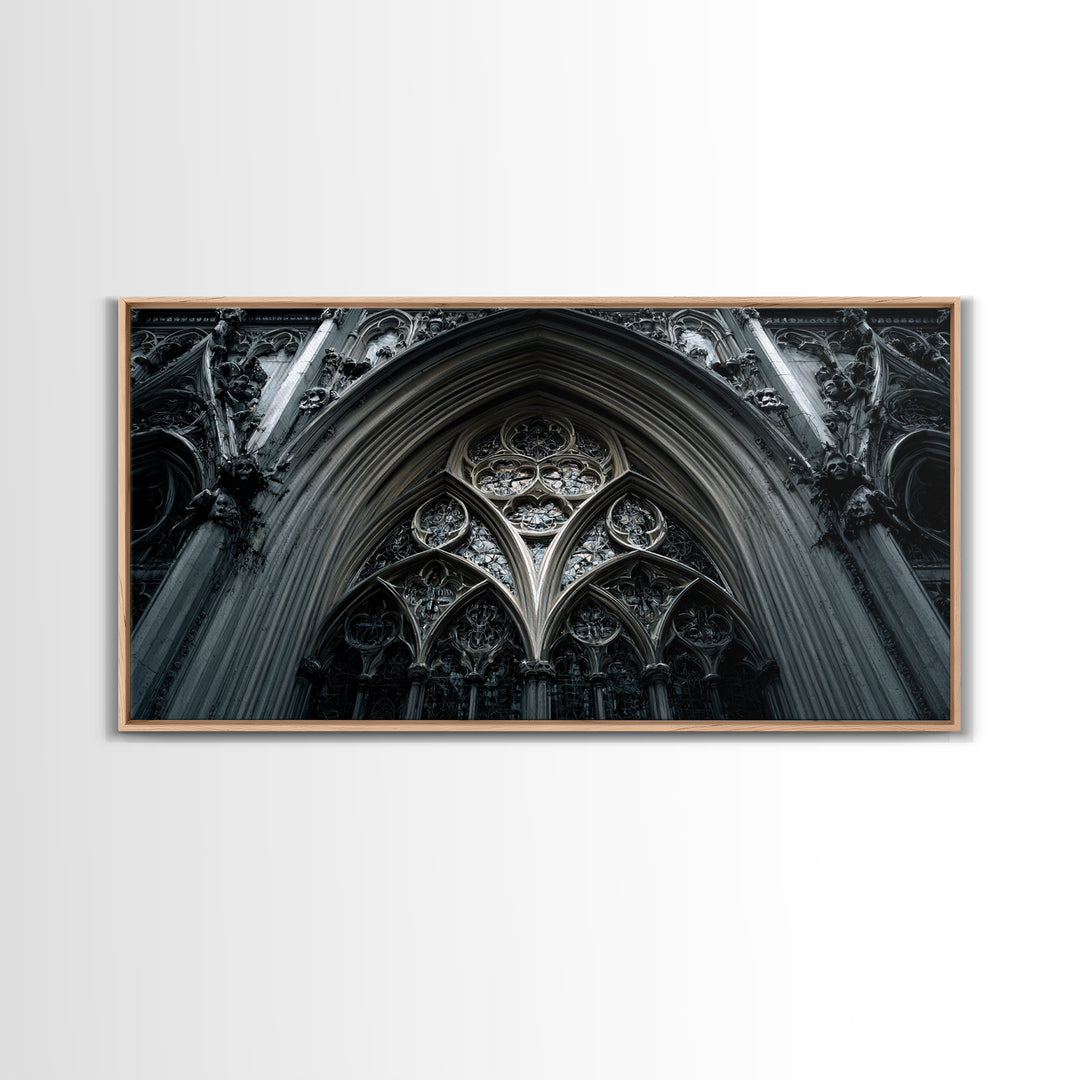 Gothic Cathedral Window Framed Canvas Print, Dark Art, Moody Wall Art, Living Room Decor, Fine Art, Nocturne, Gallery Decor, DAR-2x1-84
