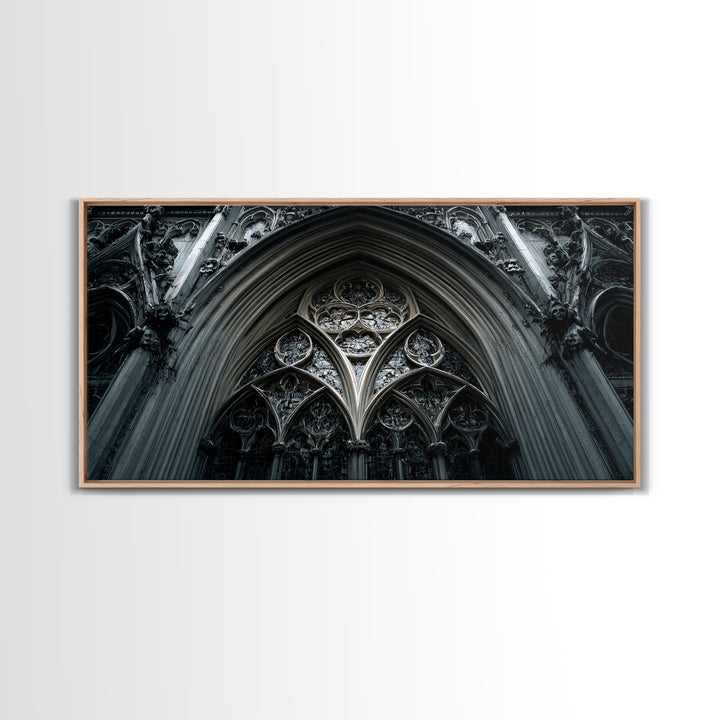 Gothic Cathedral Window Framed Canvas Print, Dark Art, Moody Wall Art, Living Room Decor, Fine Art, Nocturne, Gallery Decor, DAR-2x1-84