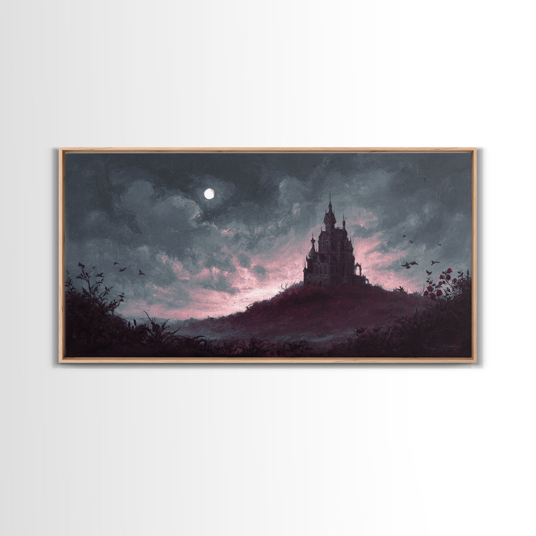Haunted Mansion Silhouette on Distant Hill Canvas Print, Dark Art, Living Room Decor, Watercolor Art, Nocturne, DAR-2x1-98