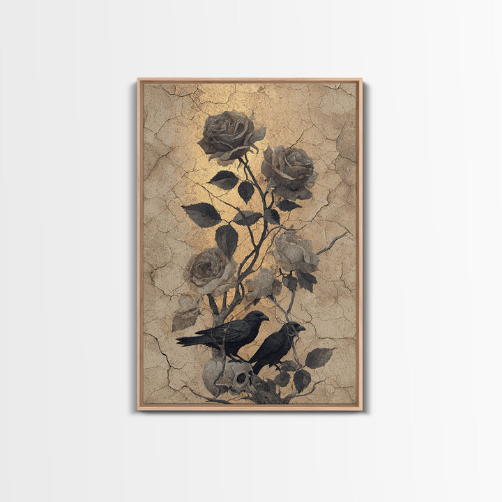 Black Roses Blooming from Cracked Stone Framed Canvas Print, Dark Art, Painting, Living Room Decor, Fine Art, Nocturne, DAR-2x3-34