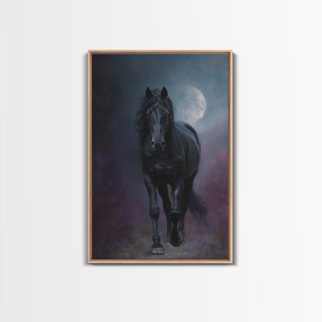 Black Horse Emerging from Smoke Framed Canvas Print, Dark Art, Living Room Decor, Oil Painting, Nocturne, Halloween Art, DAR-2x3-51