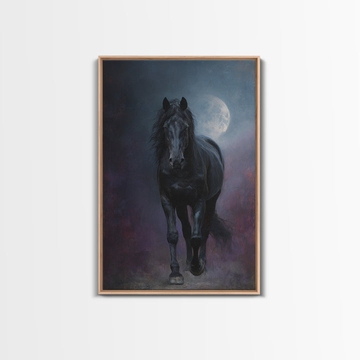 Black Horse Emerging from Smoke Framed Canvas Print, Dark Art, Living Room Decor, Oil Painting, Nocturne, Halloween Art, DAR-2x3-51