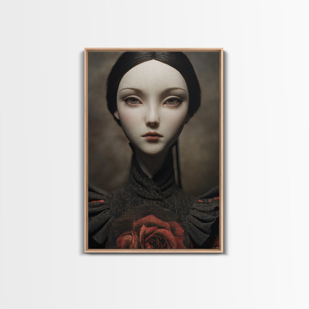 Cracked Porcelain Doll Portrait Framed Canvas Print, Dark Art, Digital Art, Living Room Decor, Nocturne, Unique Wall Decor, DAR-2x3-55