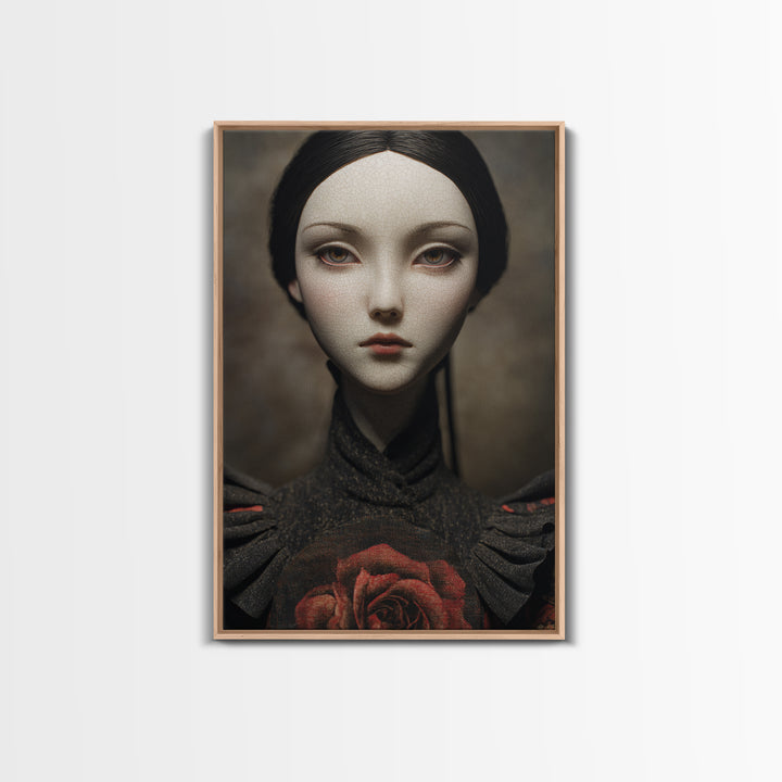 Cracked Porcelain Doll Portrait Framed Canvas Print, Dark Art, Digital Art, Living Room Decor, Nocturne, Unique Wall Decor, DAR-2x3-55