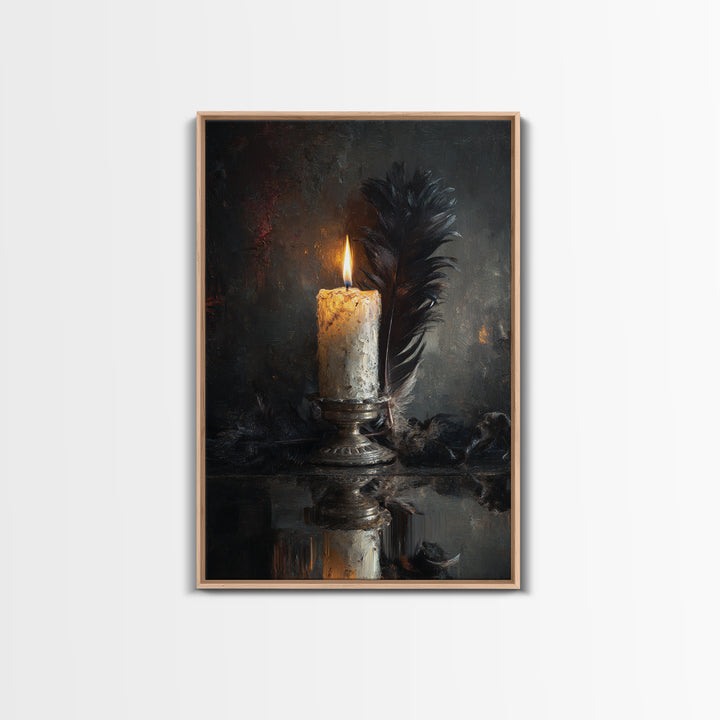 Candle Flame Reflecting Framed Canvas Print, Dark Art, Living Room Decor, Abstract Art, Nocturne, Dark Academia, DAR-2x3-56