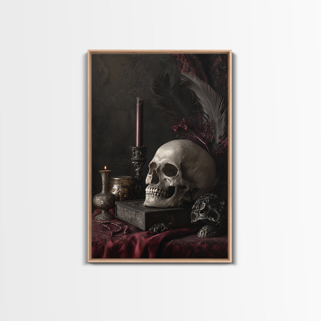 Baroque Skull and Red Velvet Vanitas Canvas Print, Dark Art, Living Room Decor, Oil Painting, Nocturne, Halloween Art, DAR-2x3-66