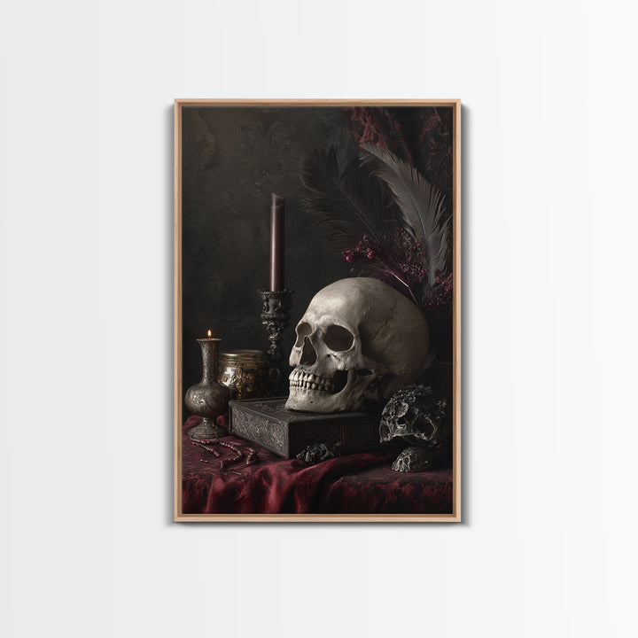 Baroque Skull and Red Velvet Vanitas Canvas Print, Dark Art, Living Room Decor, Oil Painting, Nocturne, Halloween Art, DAR-2x3-66