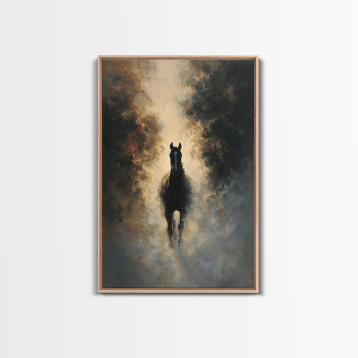 Black Horse Emerging from Smoke Framed Canvas Print, Dark Art, Moody Wall Art, Living Room Decor, Fine Art, Nocturne, DAR-2x3-75