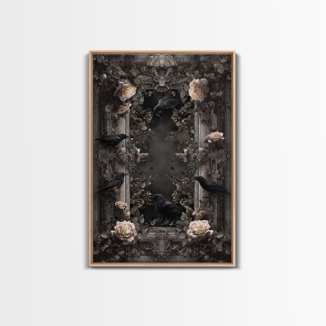 Black Roses Blooming from Cracked Stone Canvas Print, Dark Art, Oil Painting, Living Room Decor, Nocturne, Gothic Wall Decor, DAR-2x3-82