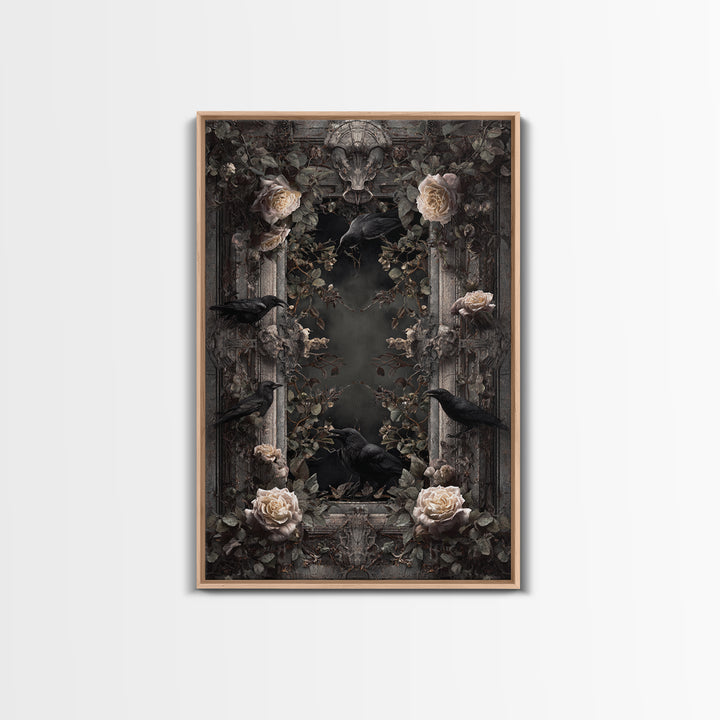 Black Roses Blooming from Cracked Stone Canvas Print, Dark Art, Oil Painting, Living Room Decor, Nocturne, Gothic Wall Decor, DAR-2x3-82
