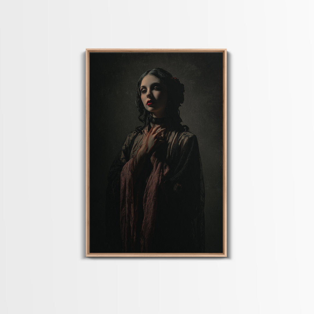 Vampire Inspired Portrait with Pale Dramatic Light Framed Canvas Print, Dark Art, Moody Wall Art, Living Room Decor, Nocturne, DAR-2x3-93