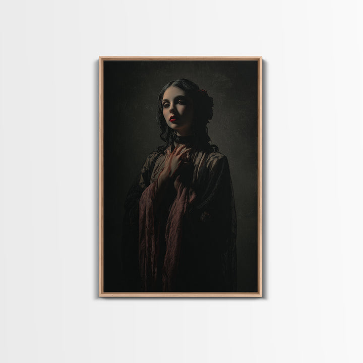 Vampire Inspired Portrait with Pale Dramatic Light Framed Canvas Print, Dark Art, Moody Wall Art, Living Room Decor, Nocturne, DAR-2x3-93