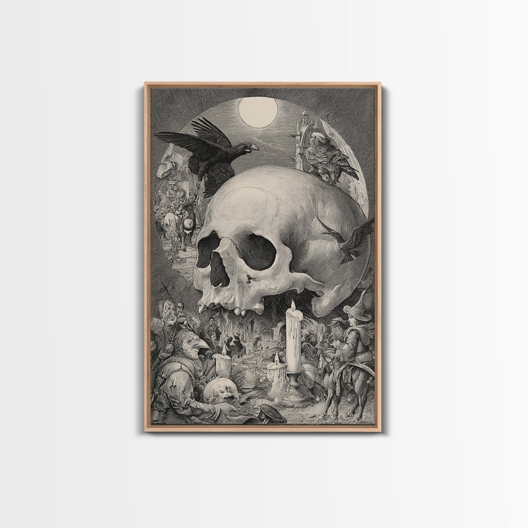 The Talking Skull, Renaissance Engraving Art, Vertical Wall Art, Dark Fantasy Wall Art, Canvas Print, Halloween Wall Art
