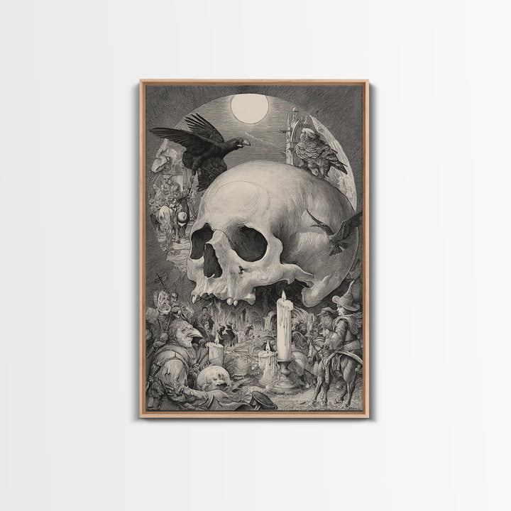 The Talking Skull, Renaissance Engraving Art, Vertical Wall Art, Dark Fantasy Wall Art, Canvas Print, Halloween Wall Art