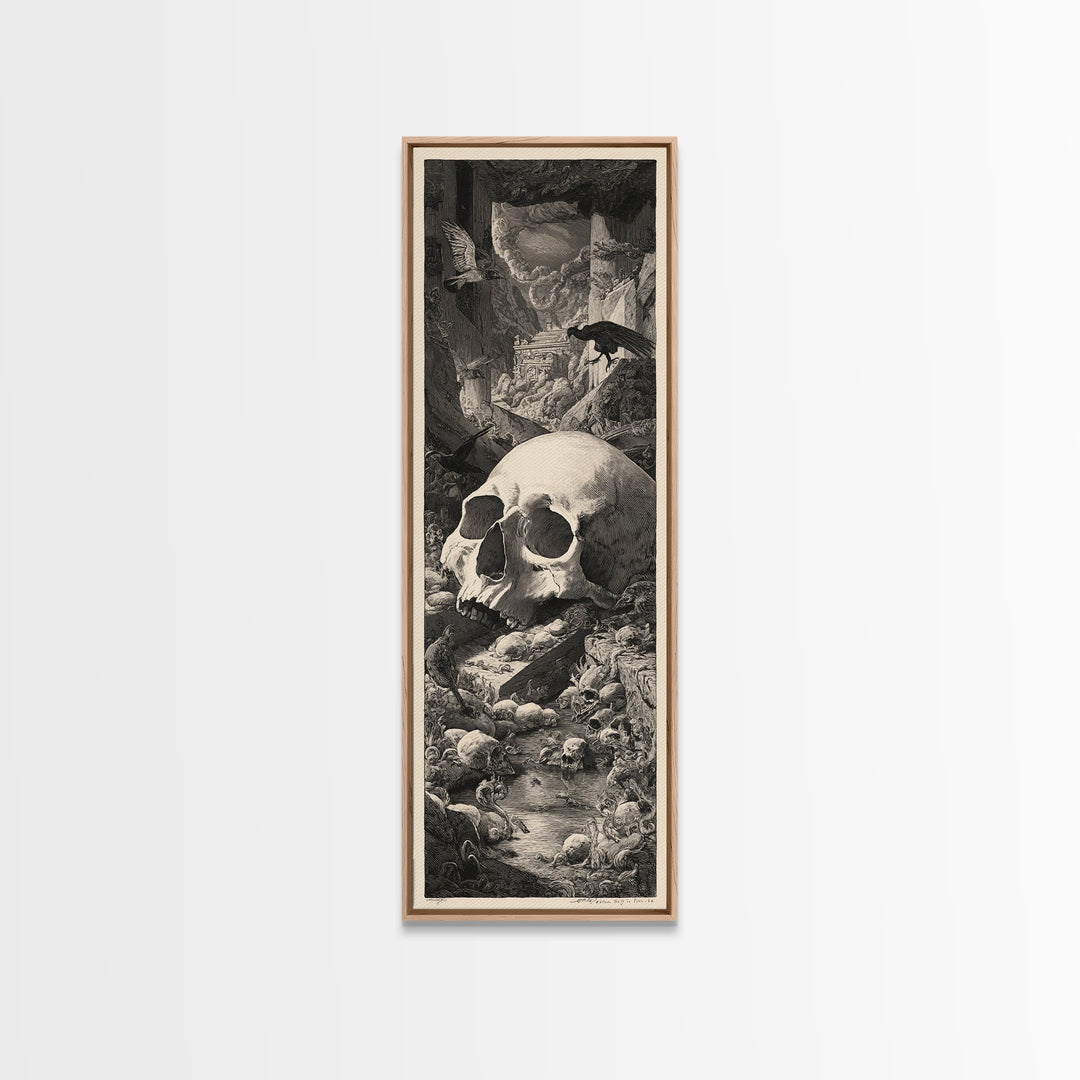 The Talking Skull, Architectural Etching Art, Tall Narrow Wall Art, Dark Fantasy Wall Art, Framed Canvas Print