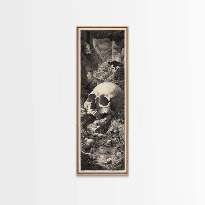 The Talking Skull, Architectural Etching Art, Tall Narrow Wall Art, Dark Fantasy Wall Art, Framed Canvas Print