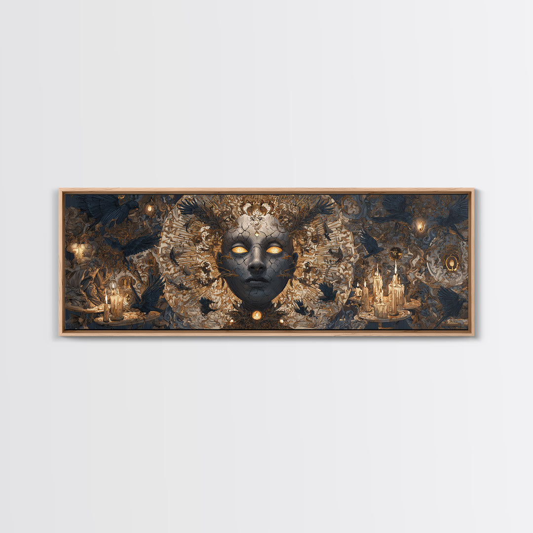 The Cracked Porcelain Mask, Visionary Gothic Art, Extra Wide Wall Art, Dark Halloween Decor, Framed Canvas Print, Halloween Wall Art