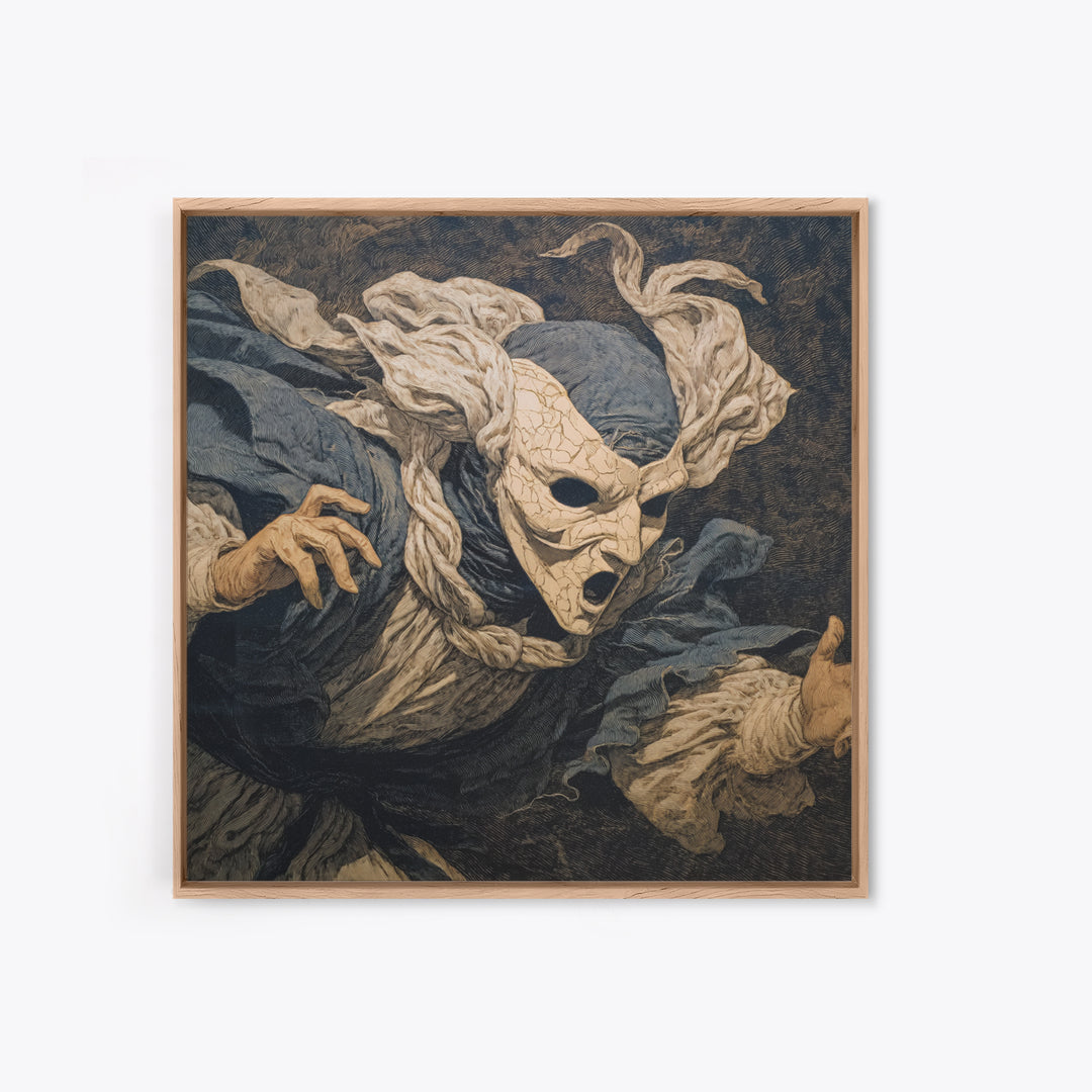 The Cracked Porcelain Mask, Symbolist Etching Art, Square Wall Art, Gothic Horror Wall Art, Framed Canvas Print, Halloween Wall Art