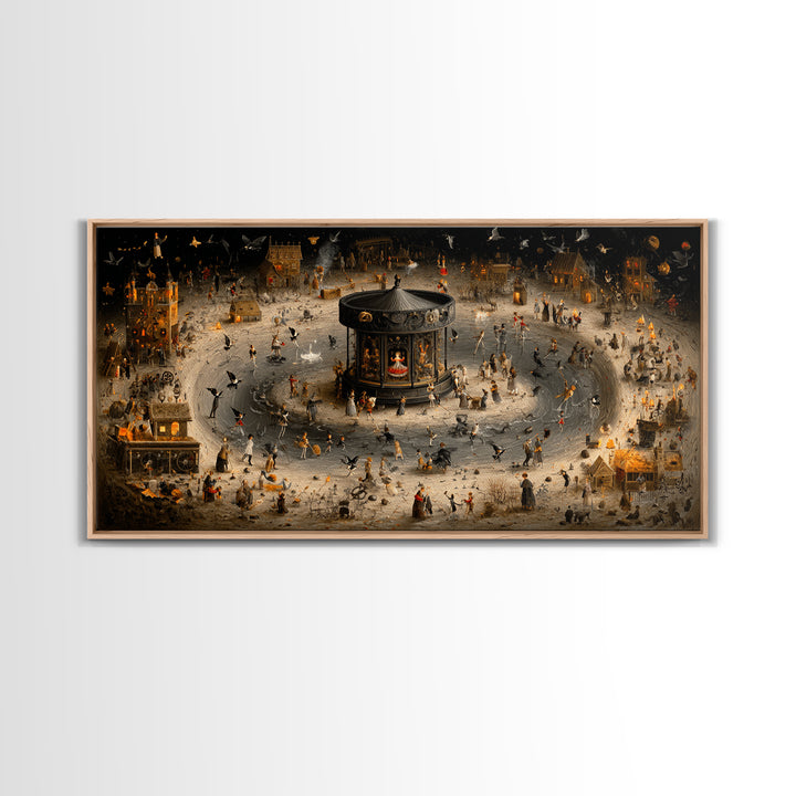 The Haunted Music Box, Northern Renaissance Horror, Wide Panoramic Art, Macabre Wall Art, Framed Canvas Print, Halloween Wall Art
