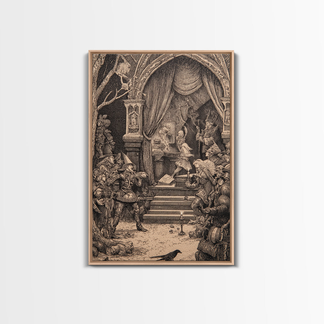 The Haunted Music Box, Renaissance Engraving Art, Vertical Wall Art, Macabre Wall Art, Framed Canvas Print, Halloween Wall Art