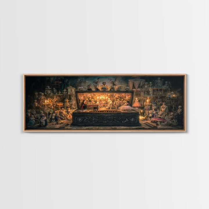 The Haunted Music Box, Grotesque Carnival Art, Wide Panoramic Art, Dark Fantasy Wall Art, Framed Canvas Print, Halloween Wall Art