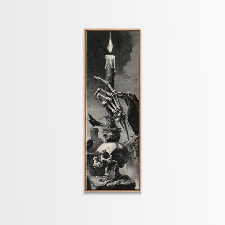 The Skeletal Hand Candleholder, Architectural Etching Art, Tall Narrow Wall Art, Dark Fantasy Wall Art, Canvas Print
