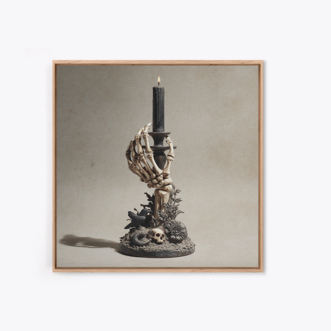 The Skeletal Hand Candleholder, Symbolist Dream Art, Square Wall Art, Dark Fantasy Wall Art, Framed Canvas Print, Halloween Wall Art