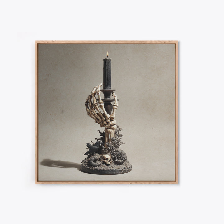 The Skeletal Hand Candleholder, Symbolist Dream Art, Square Wall Art, Dark Fantasy Wall Art, Framed Canvas Print, Halloween Wall Art
