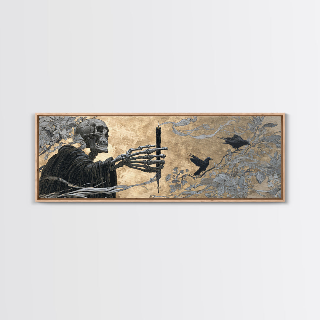 The Skeletal Hand Candleholder, Symbolist Death Art, Extra Wide Wall Art, Gothic Horror Wall Art, Canvas Print, Halloween Wall Art