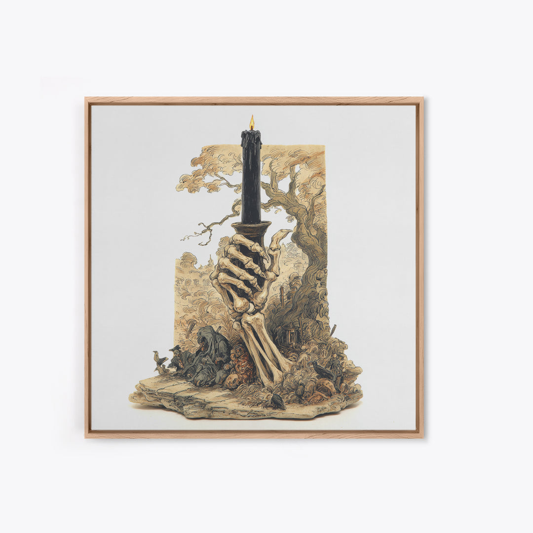 The Skeletal Hand Candleholder, Gothic Storybook Art, Square Wall Art, Macabre Wall Art, Canvas Print, Halloween Wall Art