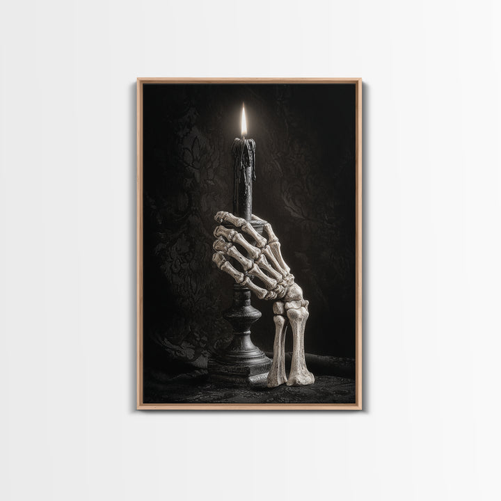 The Skeletal Hand Candleholder, Victorian Macabre Art, Vertical Wall Art, Macabre Wall Art, Framed Canvas Print, Halloween Wall Art