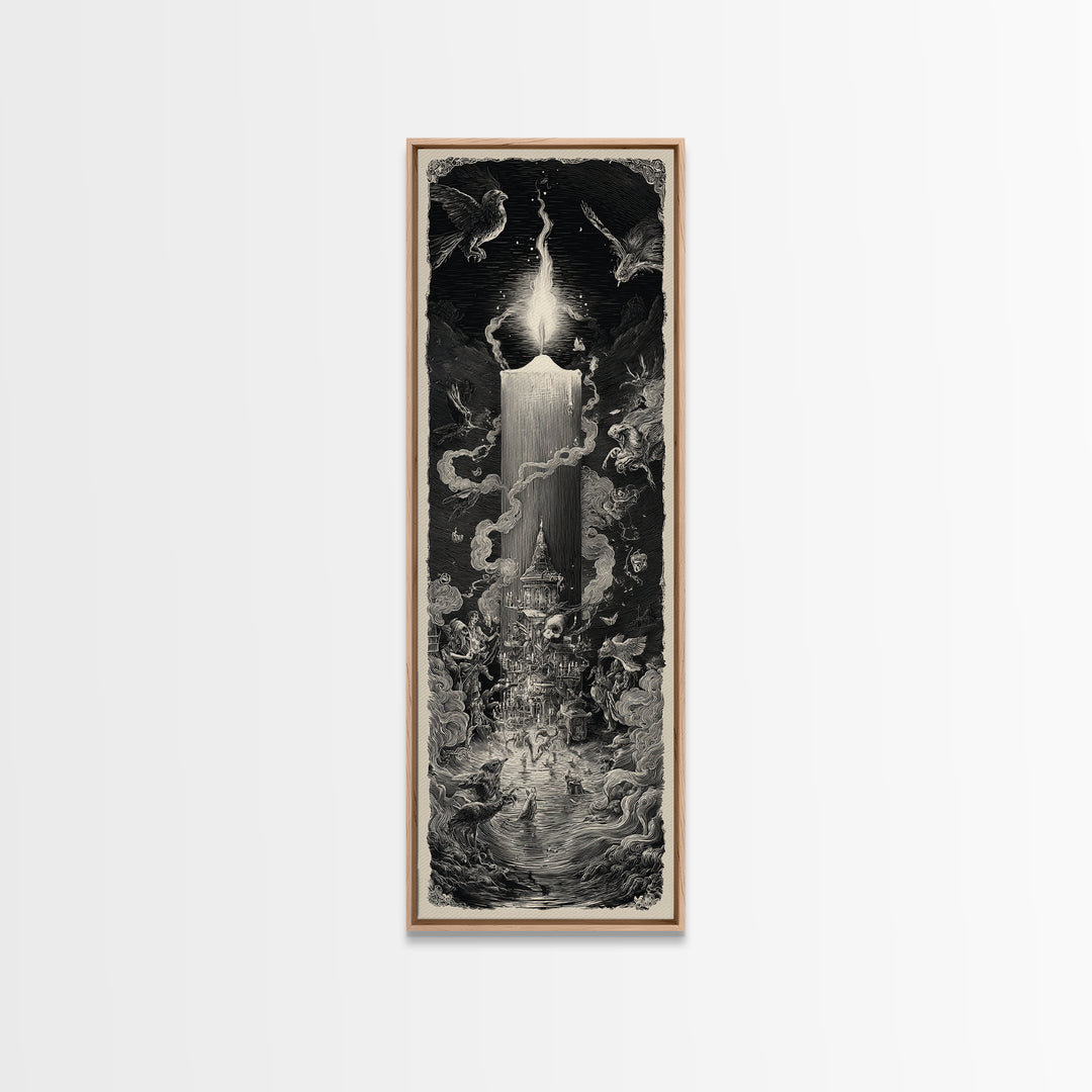 The Black Wax Candle, Gothic Engraving Art, Tall Narrow Wall Art, Dark Fantasy Wall Art, Canvas Print, Halloween Wall Art