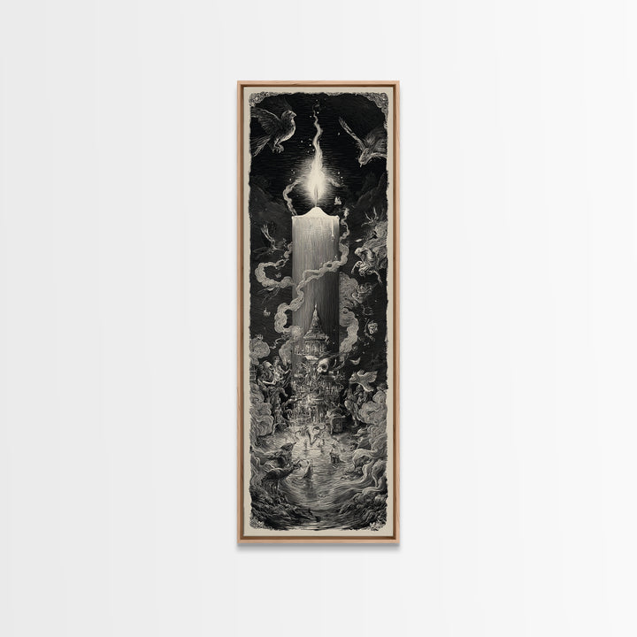 The Black Wax Candle, Gothic Engraving Art, Tall Narrow Wall Art, Dark Fantasy Wall Art, Canvas Print, Halloween Wall Art