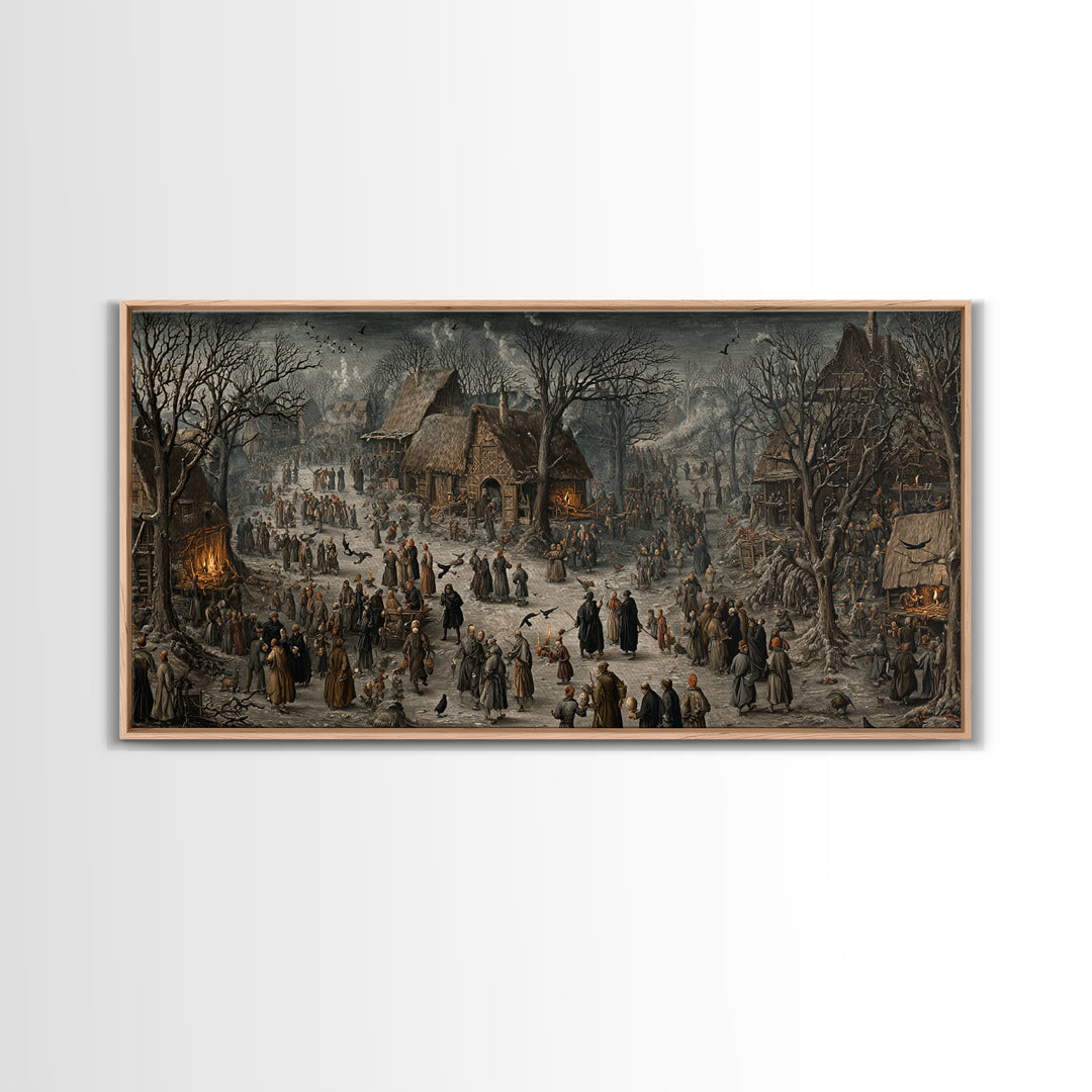 The Black Wax Candle, Northern Renaissance Horror, Wide Panoramic Art, Dark Halloween Decor, Framed Canvas Print