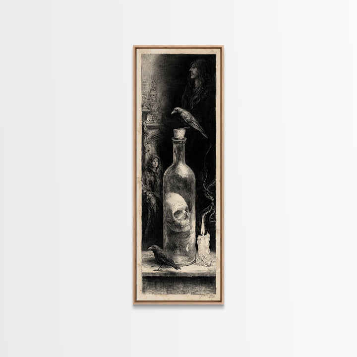 The Bottled Ghost, Gothic Engraving Art, Tall Narrow Wall Art, Macabre Wall Art, Framed Canvas Print, Halloween Wall Art