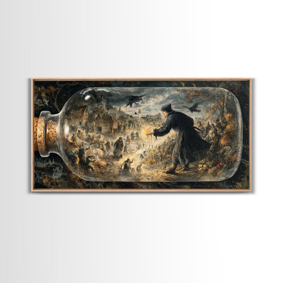 The Bottled Ghost, Northern Renaissance Horror, Wide Panoramic Art, Macabre Wall Art, Framed Canvas Print, Halloween Wall Art