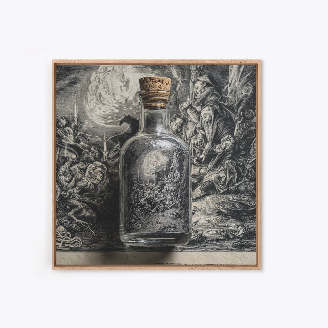 The Bottled Ghost, Renaissance Engraving Art, Square Wall Art, Dark Fantasy Wall Art, Framed Canvas Print, Halloween Wall Art