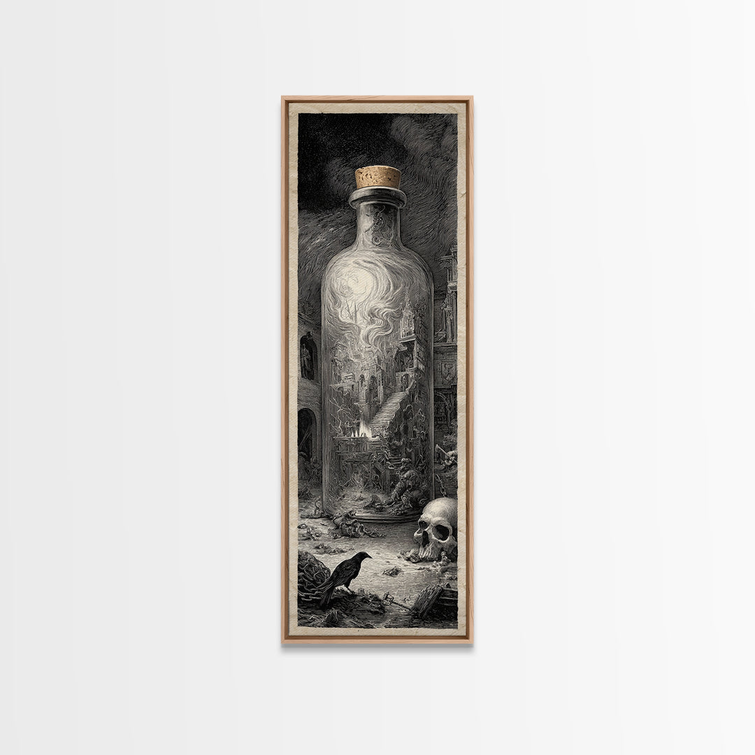 The Bottled Ghost, Architectural Etching Art, Tall Narrow Wall Art, Gothic Horror Wall Art, Canvas Print, Halloween Wall Art