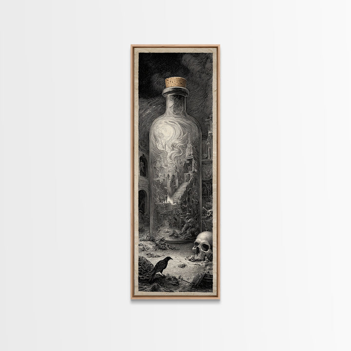 The Bottled Ghost, Architectural Etching Art, Tall Narrow Wall Art, Gothic Horror Wall Art, Canvas Print, Halloween Wall Art