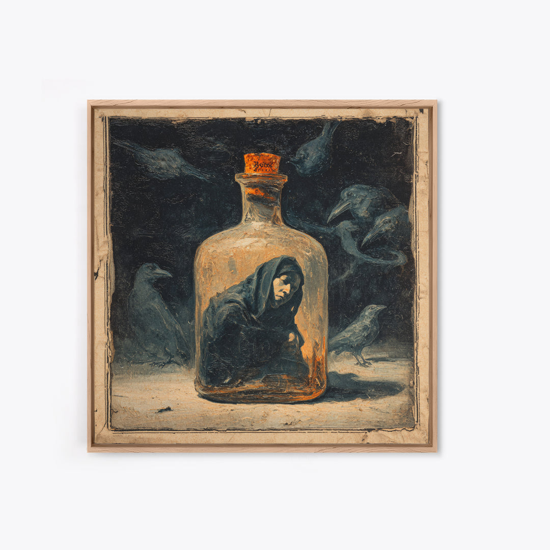 The Bottled Ghost, Dark Symbolist Art, Square Wall Art, Dark Halloween Decor, Canvas Print, Halloween Wall Art