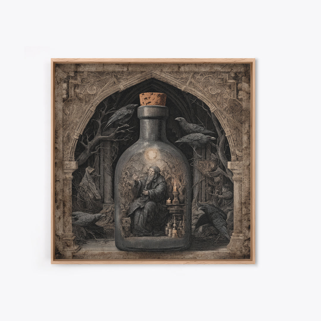 The Bottled Ghost, Symbolist Etching Art, Square Wall Art, Macabre Wall Art, Framed Canvas Print, Halloween Wall Art, Halloween Decor