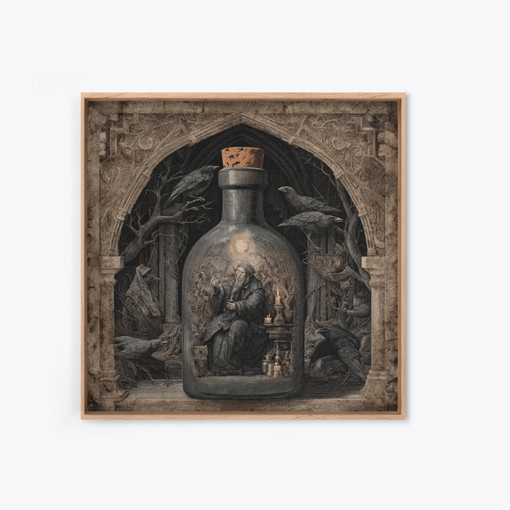 The Bottled Ghost, Symbolist Etching Art, Square Wall Art, Macabre Wall Art, Framed Canvas Print, Halloween Wall Art, Halloween Decor