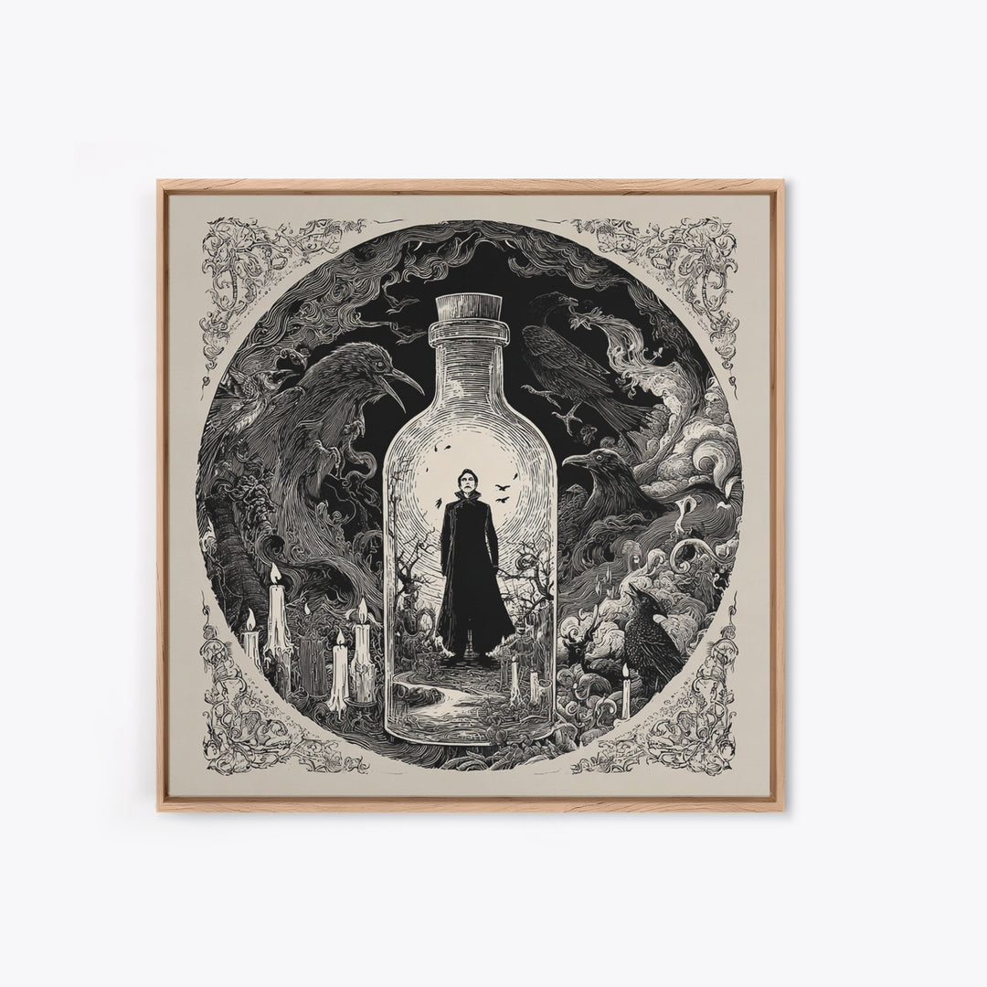 The Bottled Ghost, Decadent Line Art, Square Wall Art, Dark Fantasy Wall Art, Framed Canvas Print, Halloween Wall Art