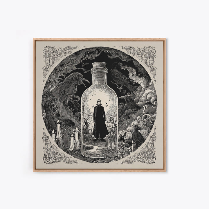 The Bottled Ghost, Decadent Line Art, Square Wall Art, Dark Fantasy Wall Art, Framed Canvas Print, Halloween Wall Art