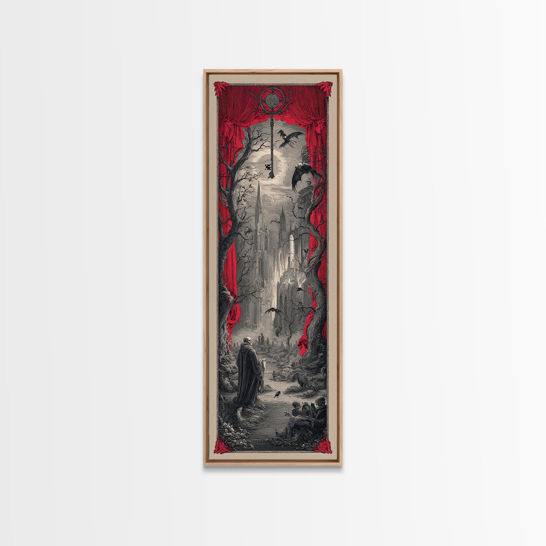 The Coffin Key, Gothic Engraving Art, Tall Narrow Wall Art, Macabre Wall Art, Framed Canvas Print, Halloween Wall Art, Halloween Decor